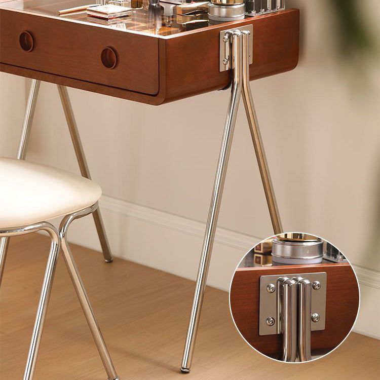 Contemporary Retro Solid Wood Vanity with Stainless Steel & Glass - Rectangular 1-Drawer Makeup Table for Bedroom