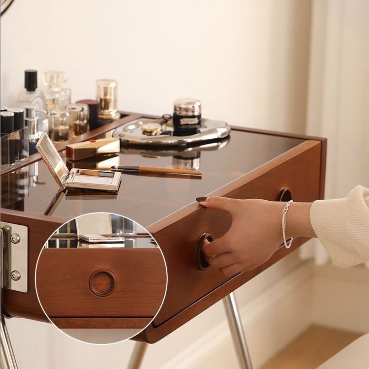 Contemporary Retro Solid Wood Vanity with Stainless Steel & Glass - Rectangular 1-Drawer Makeup Table for Bedroom