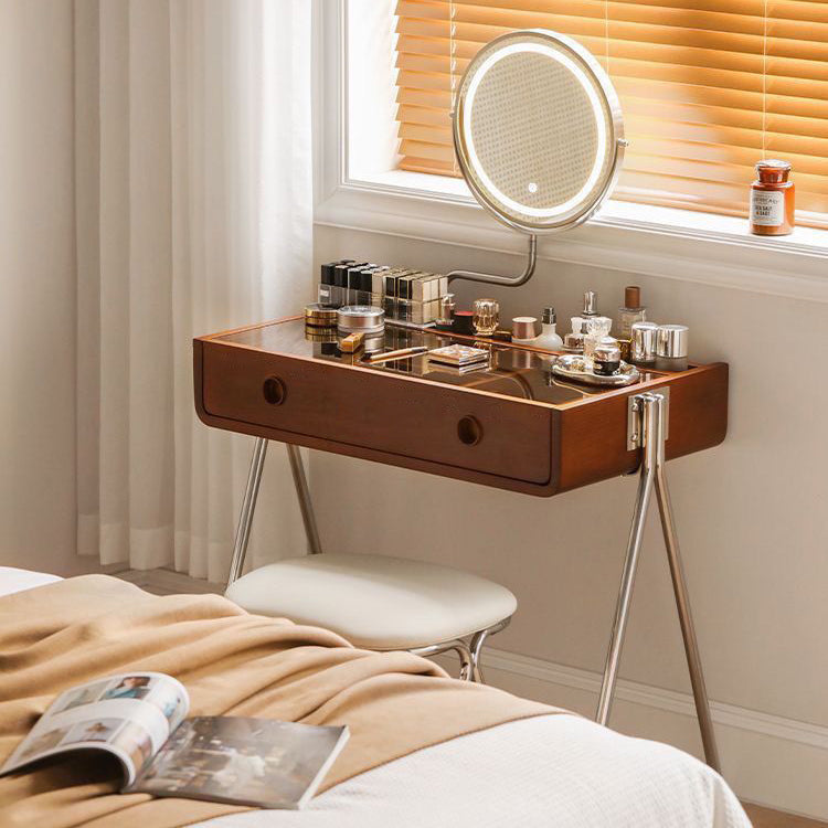 Contemporary Retro Solid Wood Vanity with Stainless Steel & Glass - Rectangular 1-Drawer Makeup Table for Bedroom