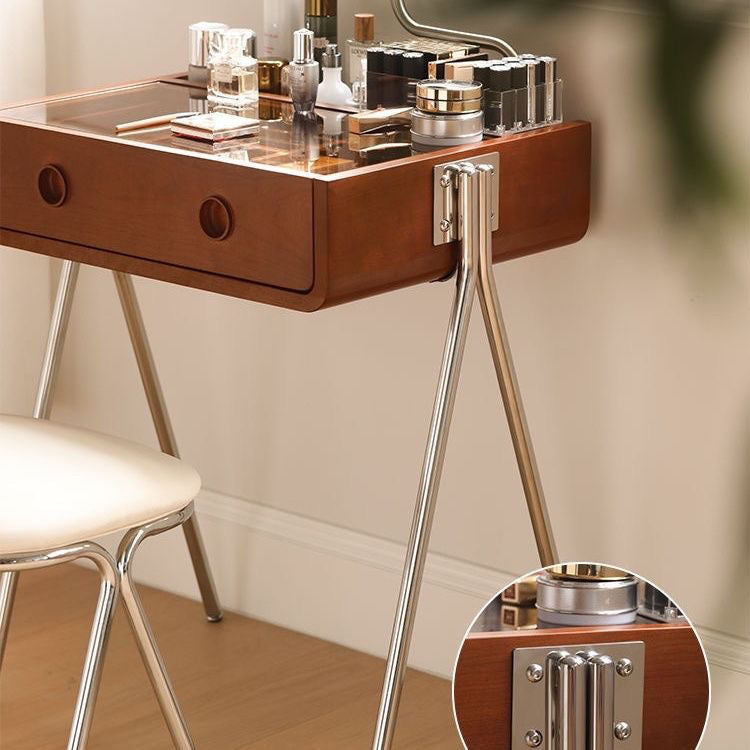 Contemporary Retro Solid Wood Vanity with Stainless Steel & Glass - Rectangular 1-Drawer Makeup Table for Bedroom