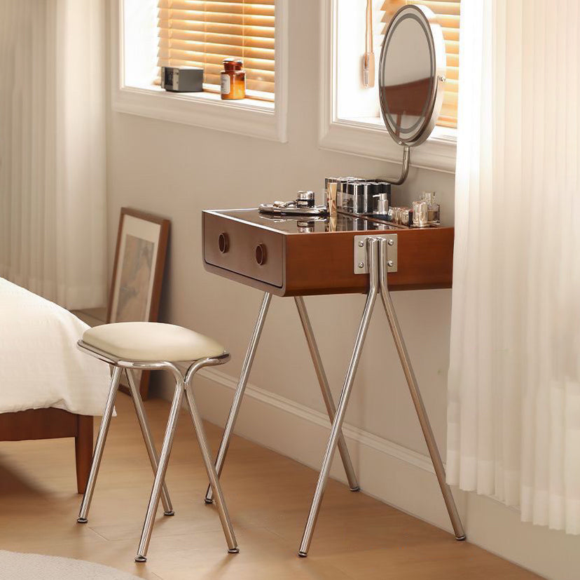 Contemporary Retro Solid Wood Vanity with Stainless Steel & Glass - Rectangular 1-Drawer Makeup Table for Bedroom