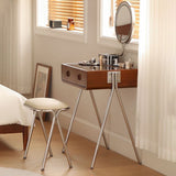 Contemporary Retro Solid Wood Vanity with Stainless Steel & Glass - Rectangular 1-Drawer Makeup Table for Bedroom