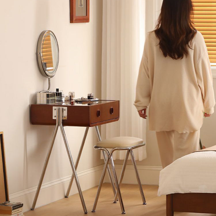 Contemporary Retro Solid Wood Vanity with Stainless Steel & Glass - Rectangular 1-Drawer Makeup Table for Bedroom