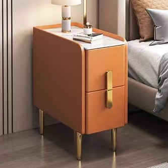 Contemporary Nordic Slab Nightstand with Faux Leather Top, Solid Wood & Carbon Steel Frame, Narrow Rectangular Bedside Table with 2 Drawers