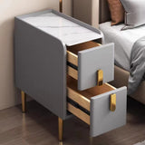 Contemporary Nordic Slab Nightstand with Faux Leather Top, Solid Wood & Carbon Steel Frame, Narrow Rectangular Bedside Table with 2 Drawers