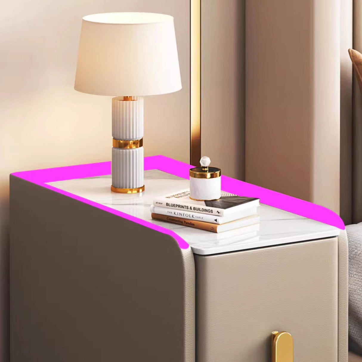 Contemporary Nordic Slab Nightstand with Faux Leather Top, Solid Wood & Carbon Steel Frame, Narrow Rectangular Bedside Table with 2 Drawers
