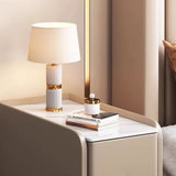 Contemporary Nordic Slab Nightstand with Faux Leather Top, Solid Wood & Carbon Steel Frame, Narrow Rectangular Bedside Table with 2 Drawers