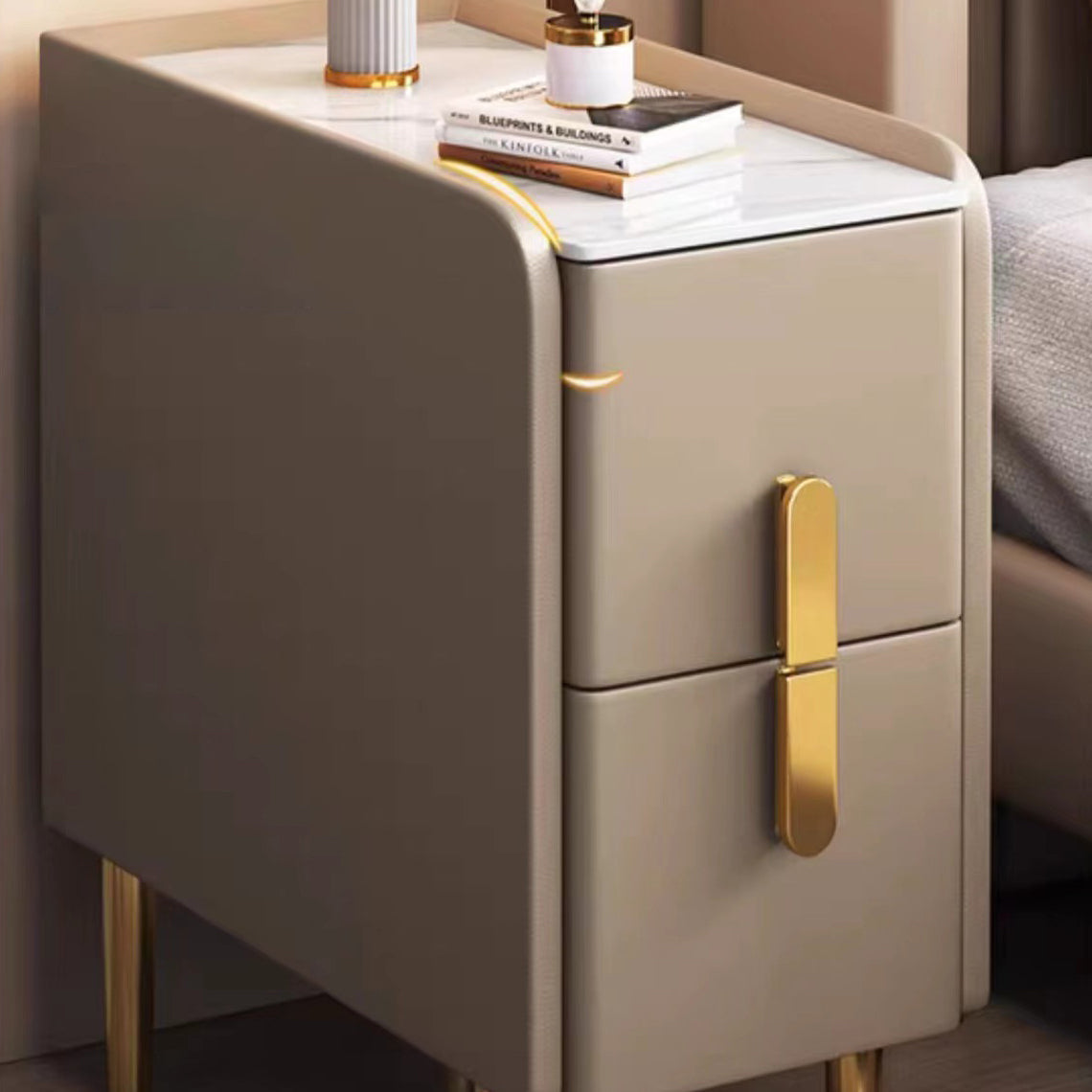 Contemporary Nordic Slab Nightstand with Faux Leather Top, Solid Wood & Carbon Steel Frame, Narrow Rectangular Bedside Table with 2 Drawers
