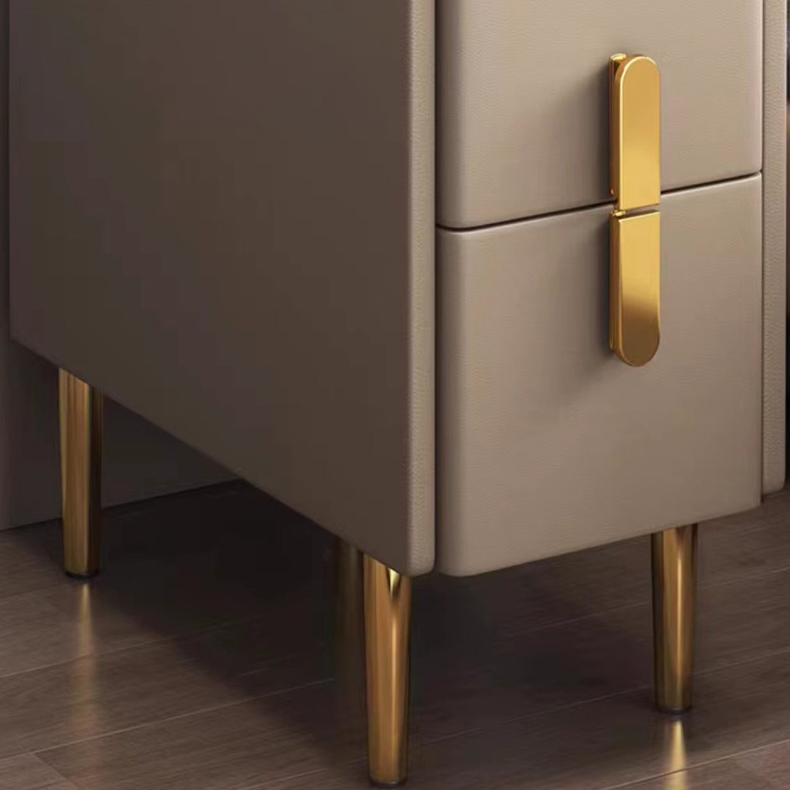 Contemporary Nordic Slab Nightstand with Faux Leather Top, Solid Wood & Carbon Steel Frame, Narrow Rectangular Bedside Table with 2 Drawers