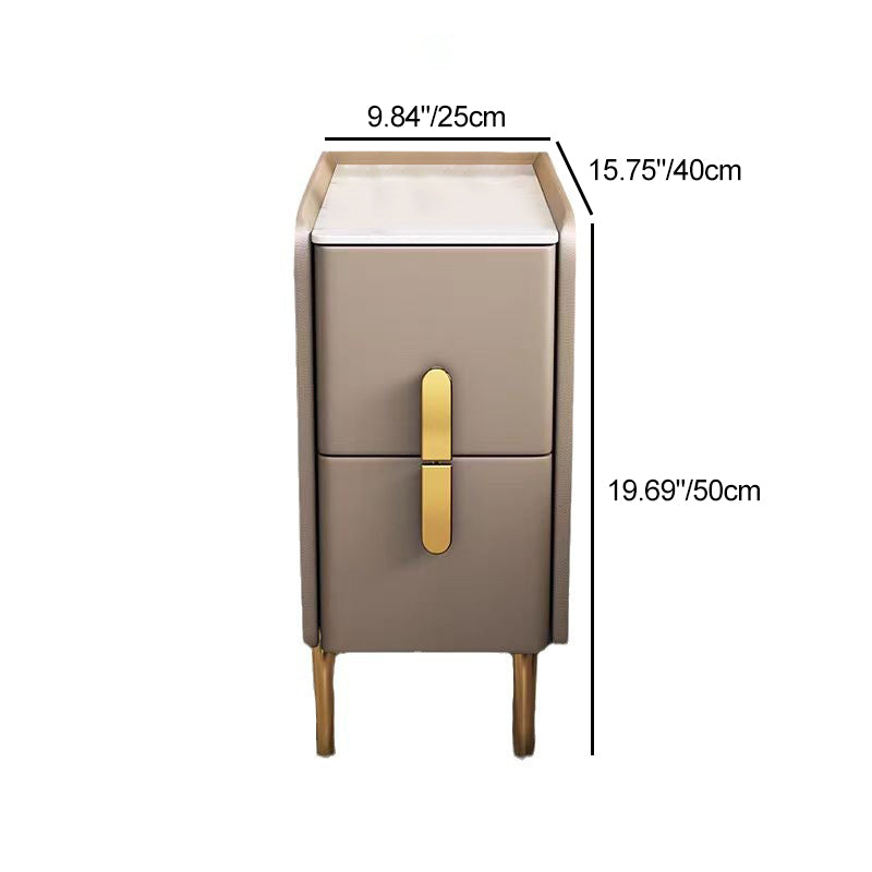 Contemporary Nordic Slab Nightstand with Faux Leather Top, Solid Wood & Carbon Steel Frame, Narrow Rectangular Bedside Table with 2 Drawers
