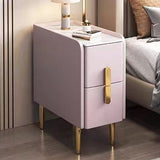 Contemporary Nordic Slab Nightstand with Faux Leather Top, Solid Wood & Carbon Steel Frame, Narrow Rectangular Bedside Table with 2 Drawers