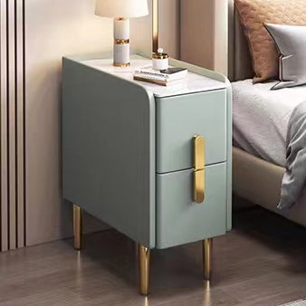 Contemporary Nordic Slab Nightstand with Faux Leather Top, Solid Wood & Carbon Steel Frame, Narrow Rectangular Bedside Table with 2 Drawers