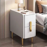 Contemporary Nordic Slab Nightstand with Faux Leather Top, Solid Wood & Carbon Steel Frame, Narrow Rectangular Bedside Table with 2 Drawers