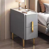 Contemporary Nordic Slab Nightstand with Faux Leather Top, Solid Wood & Carbon Steel Frame, Narrow Rectangular Bedside Table with 2 Drawers