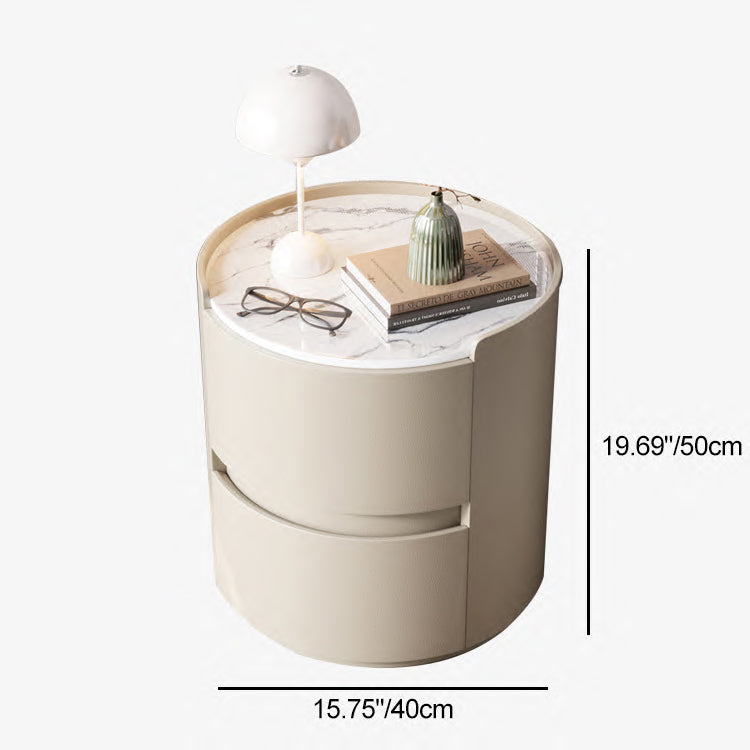 Modern Minimalist Round Nightstand with Velvet Synthetic Leather, Rock Slab Accent and Solid Wood Plywood, 2-Drawer Bedside Table
