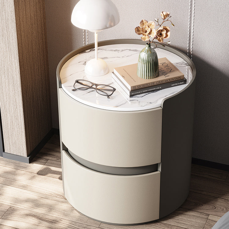 Modern Minimalist Round Nightstand with Velvet Synthetic Leather, Rock Slab Accent and Solid Wood Plywood, 2-Drawer Bedside Table