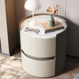 Modern Minimalist Round Nightstand with Velvet Synthetic Leather, Rock Slab Accent and Solid Wood Plywood, 2-Drawer Bedside Table