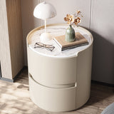 Modern Minimalist Round Nightstand with Velvet Synthetic Leather, Rock Slab Accent and Solid Wood Plywood, 2-Drawer Bedside Table