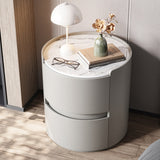Modern Minimalist Round Nightstand with Velvet Synthetic Leather, Rock Slab Accent and Solid Wood Plywood, 2-Drawer Bedside Table