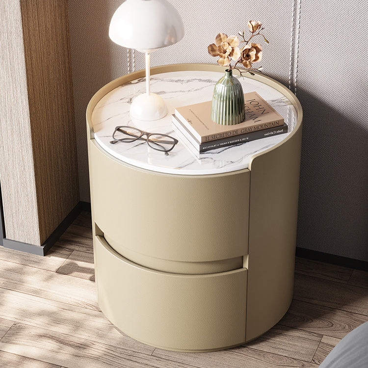 Modern Minimalist Round Nightstand with Velvet Synthetic Leather, Rock Slab Accent and Solid Wood Plywood, 2-Drawer Bedside Table