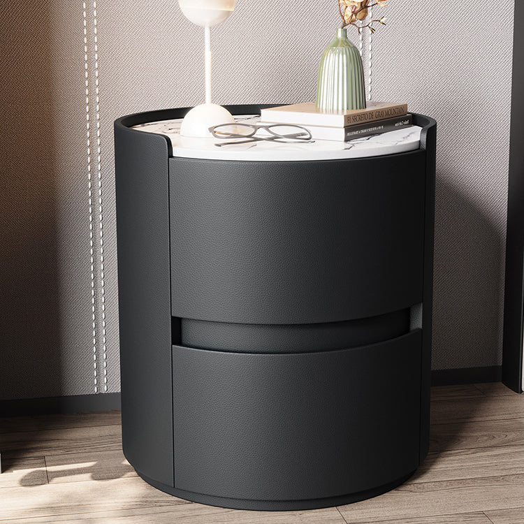 Modern Minimalist Round Nightstand with Velvet Synthetic Leather, Rock Slab Accent and Solid Wood Plywood, 2-Drawer Bedside Table