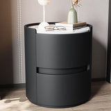 Modern Minimalist Round Nightstand with Velvet Synthetic Leather, Rock Slab Accent and Solid Wood Plywood, 2-Drawer Bedside Table