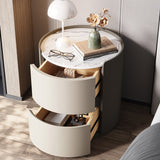Modern Minimalist Round Nightstand with Velvet Synthetic Leather, Rock Slab Accent and Solid Wood Plywood, 2-Drawer Bedside Table