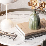 Modern Minimalist Round Nightstand with Velvet Synthetic Leather, Rock Slab Accent and Solid Wood Plywood, 2-Drawer Bedside Table