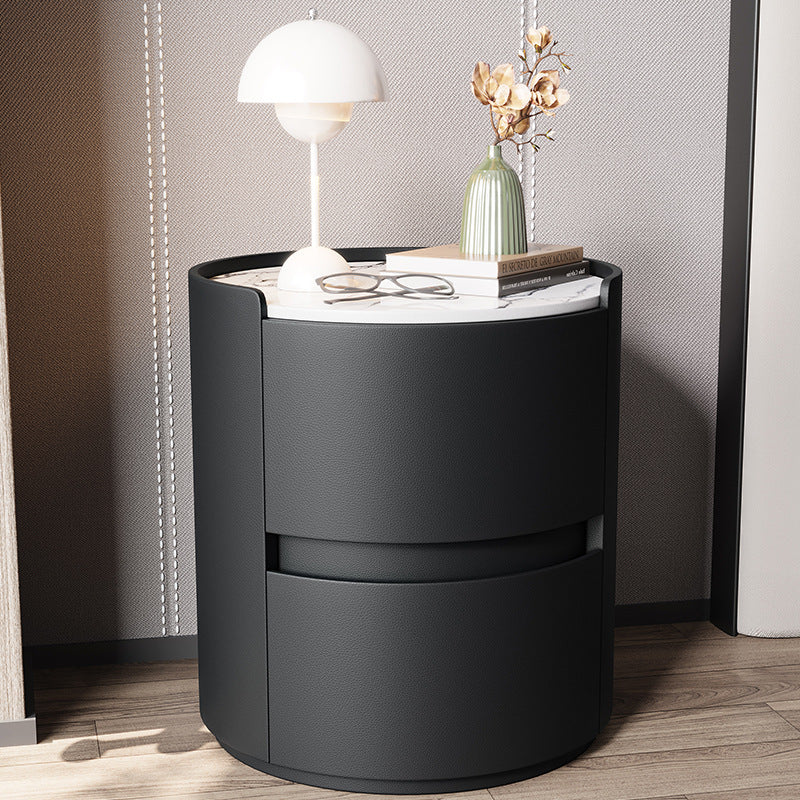 Modern Minimalist Round Nightstand with Velvet Synthetic Leather, Rock Slab Accent and Solid Wood Plywood, 2-Drawer Bedside Table