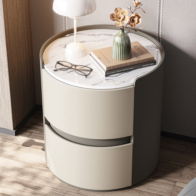 Modern Minimalist Round Nightstand with Velvet Synthetic Leather, Rock Slab Accent and Solid Wood Plywood, 2-Drawer Bedside Table
