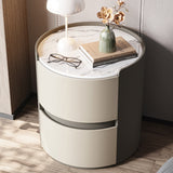 Modern Minimalist Round Nightstand with Velvet Synthetic Leather, Rock Slab Accent and Solid Wood Plywood, 2-Drawer Bedside Table