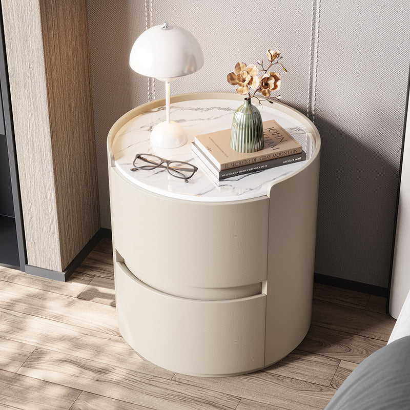 Modern Minimalist Round Nightstand with Velvet Synthetic Leather, Rock Slab Accent and Solid Wood Plywood, 2-Drawer Bedside Table