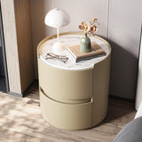 Modern Minimalist Round Nightstand with Velvet Synthetic Leather, Rock Slab Accent and Solid Wood Plywood, 2-Drawer Bedside Table