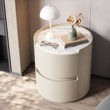 Modern Minimalist Round Nightstand with Velvet Synthetic Leather, Rock Slab Accent and Solid Wood Plywood, 2-Drawer Bedside Table