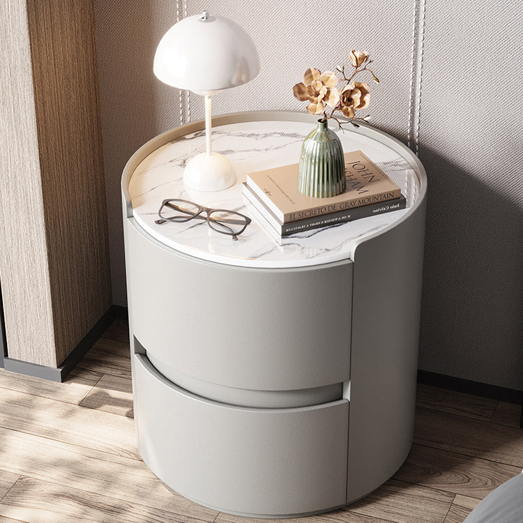 Modern Minimalist Round Nightstand with Velvet Synthetic Leather, Rock Slab Accent and Solid Wood Plywood, 2-Drawer Bedside Table