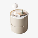 Modern Minimalist Round Nightstand with Velvet Synthetic Leather, Rock Slab Accent and Solid Wood Plywood, 2-Drawer Bedside Table