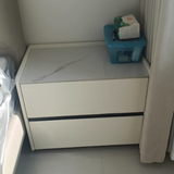 Modern Minimalist Nightstand — Solid Wood & Microfiber Leather, Rectangular Slab Design, 2-Drawer Bedroom Table