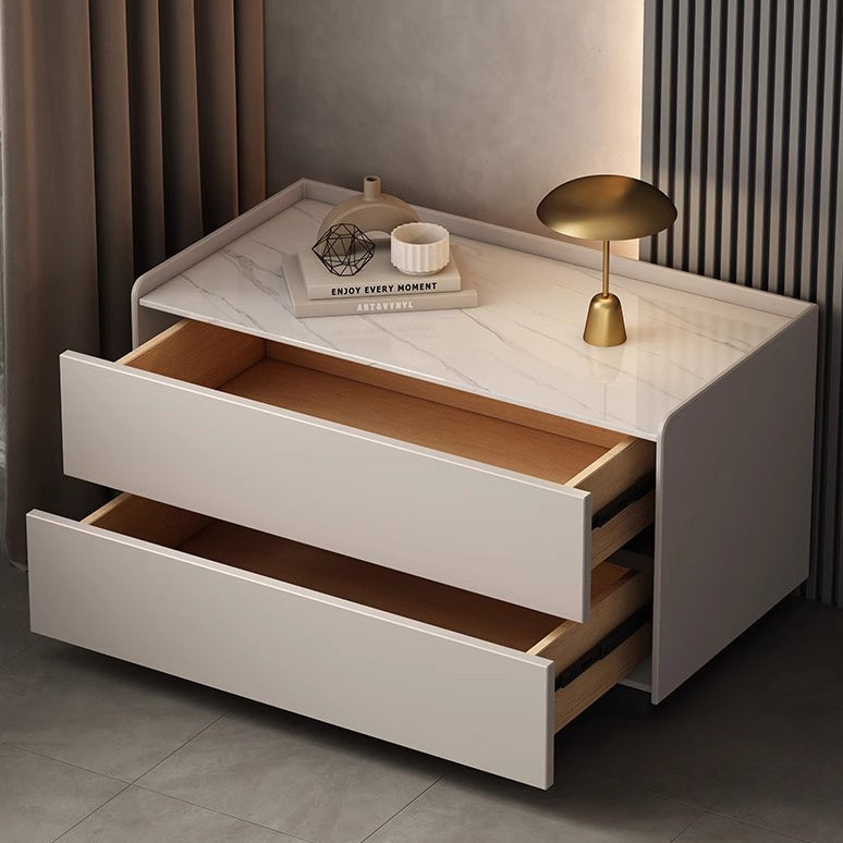 Modern Minimalist Nightstand — Solid Wood & Microfiber Leather, Rectangular Slab Design, 2-Drawer Bedroom Table