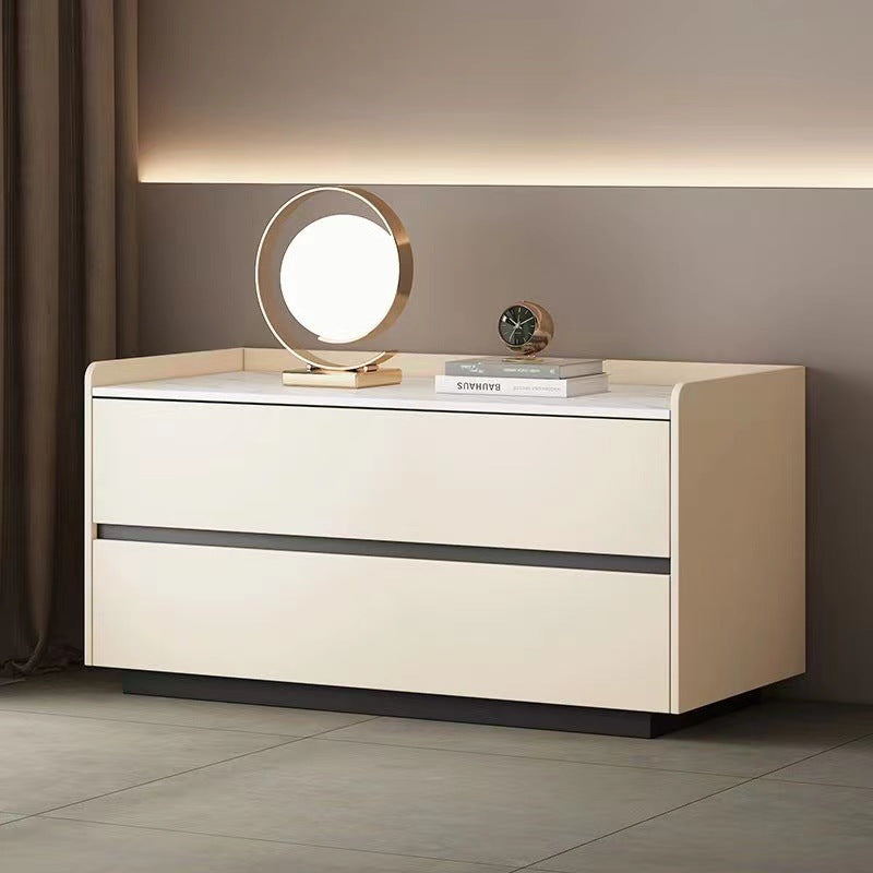 Modern Minimalist Nightstand — Solid Wood & Microfiber Leather, Rectangular Slab Design, 2-Drawer Bedroom Table