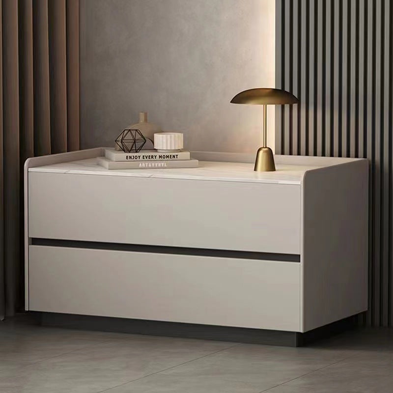 Modern Minimalist Nightstand — Solid Wood & Microfiber Leather, Rectangular Slab Design, 2-Drawer Bedroom Table