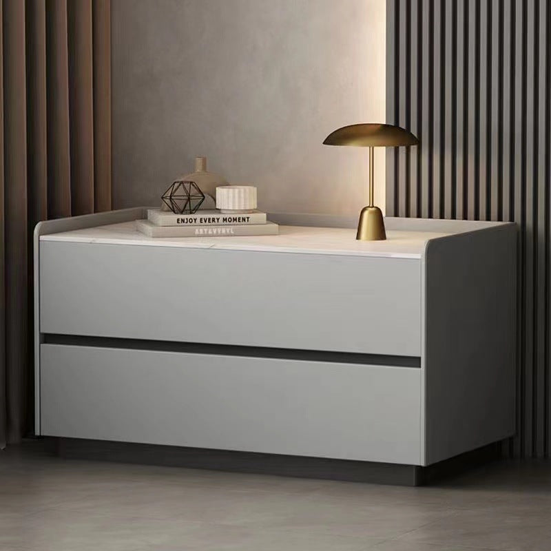Modern Minimalist Nightstand — Solid Wood & Microfiber Leather, Rectangular Slab Design, 2-Drawer Bedroom Table
