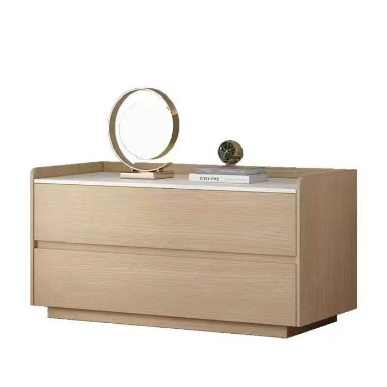 Modern Minimalist Nightstand — Solid Wood & Microfiber Leather, Rectangular Slab Design, 2-Drawer Bedroom Table