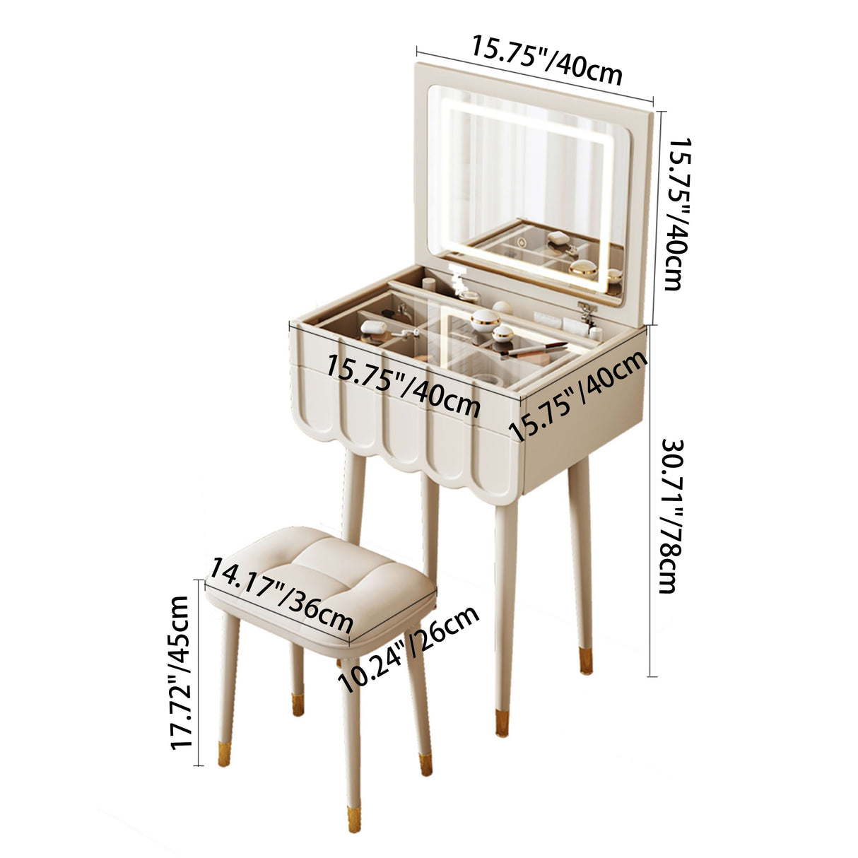 Elegant Modern Minimalist Eco-Board Vanity Set with Metal Frame, Arch-Top Rectangular Design, Flip-Top LED Mirror, 2 Drawers & Matching Stool for Bedroom