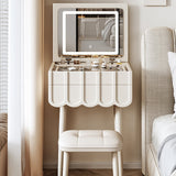 Elegant Modern Minimalist Eco-Board Vanity Set with Metal Frame, Arch-Top Rectangular Design, Flip-Top LED Mirror, 2 Drawers & Matching Stool for Bedroom