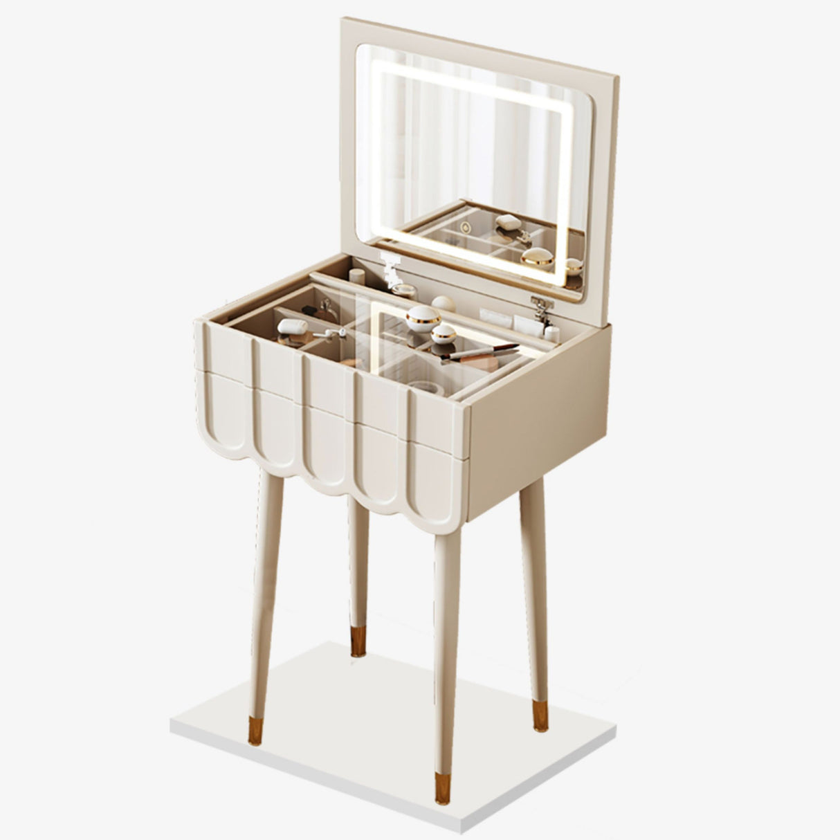 Elegant Modern Minimalist Eco-Board Vanity Set with Metal Frame, Arch-Top Rectangular Design, Flip-Top LED Mirror, 2 Drawers & Matching Stool for Bedroom