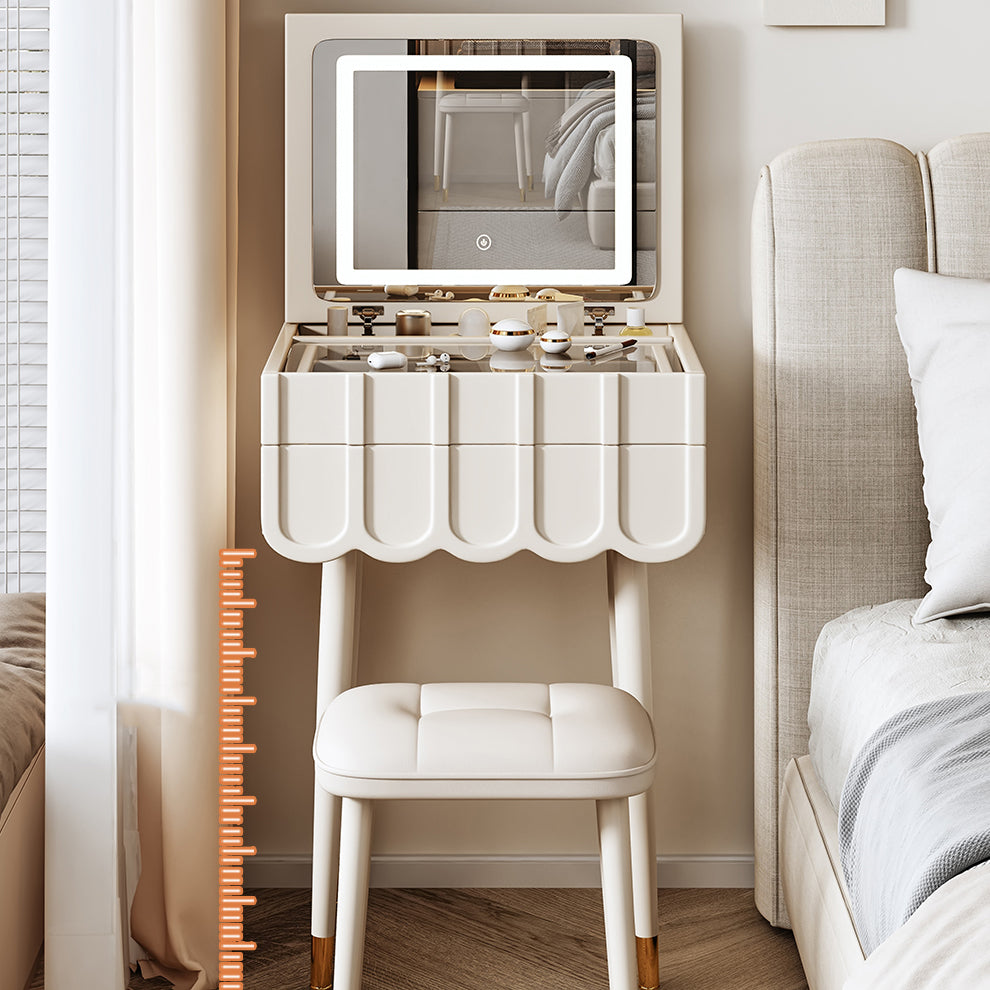 Elegant Modern Minimalist Eco-Board Vanity Set with Metal Frame, Arch-Top Rectangular Design, Flip-Top LED Mirror, 2 Drawers & Matching Stool for Bedroom