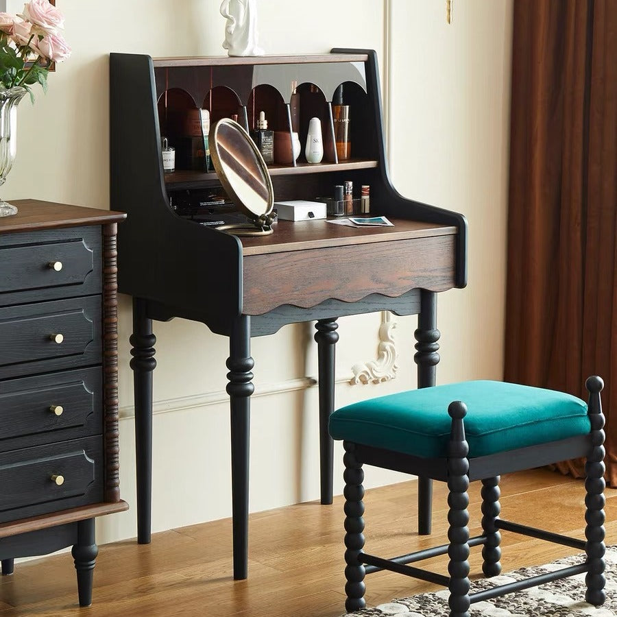 Modern Retro Solid Wood Vanity Desk with Arch Mirror and Roman-Column Accents, Includes Matching Stool for Bedroom