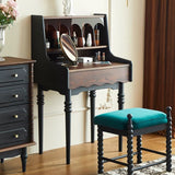 Modern Retro Solid Wood Vanity Desk with Arch Mirror and Roman-Column Accents, Includes Matching Stool for Bedroom
