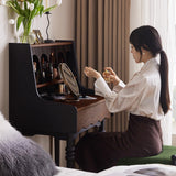 Modern Retro Solid Wood Vanity Desk with Arch Mirror and Roman-Column Accents, Includes Matching Stool for Bedroom
