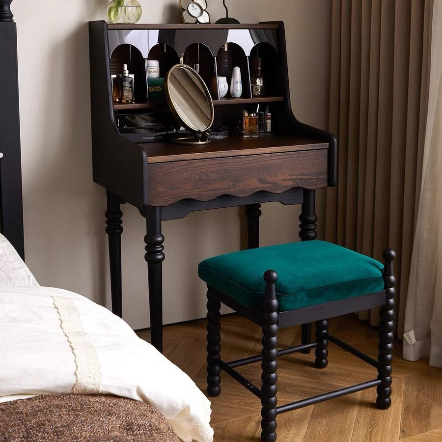 Modern Retro Solid Wood Vanity Desk with Arch Mirror and Roman-Column Accents, Includes Matching Stool for Bedroom